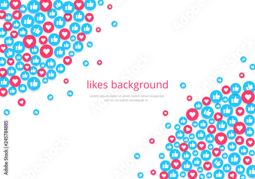 flat image on a white background, round icons with likes and hearts, social networks and the Internet