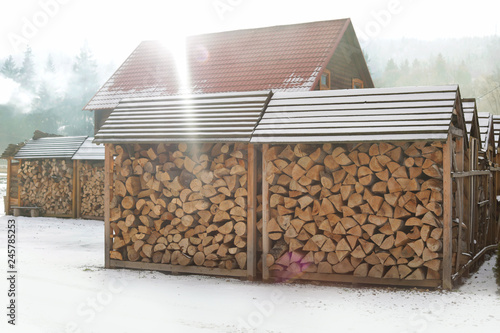 Принти на полотні Wood sheds with stacked firewood outdoors on sunny winter day