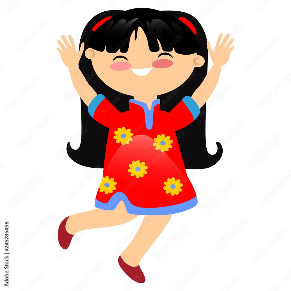 Smiling young girl in traditional red suit with circles Smiling young girl in traditional red suit with circles