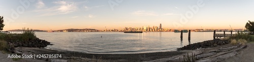 Panoramic view of sunset light over the downtown Seattle, Washington, USA.