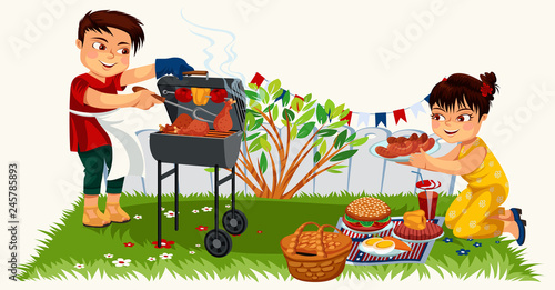 Cute brunette young man cooking on bbq