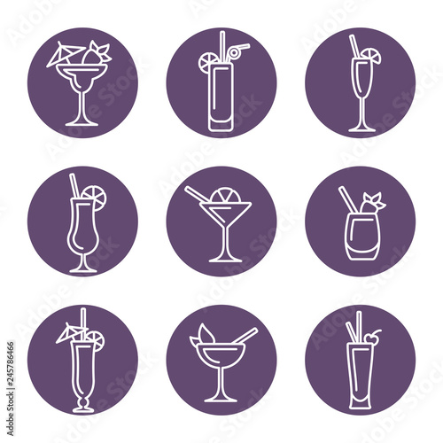 Round concept with linear cocktail icons. Suitable for advertising, bar menu decor, application design