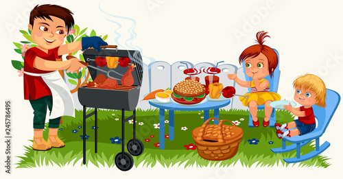 Smiling father grilling chicken for happy children