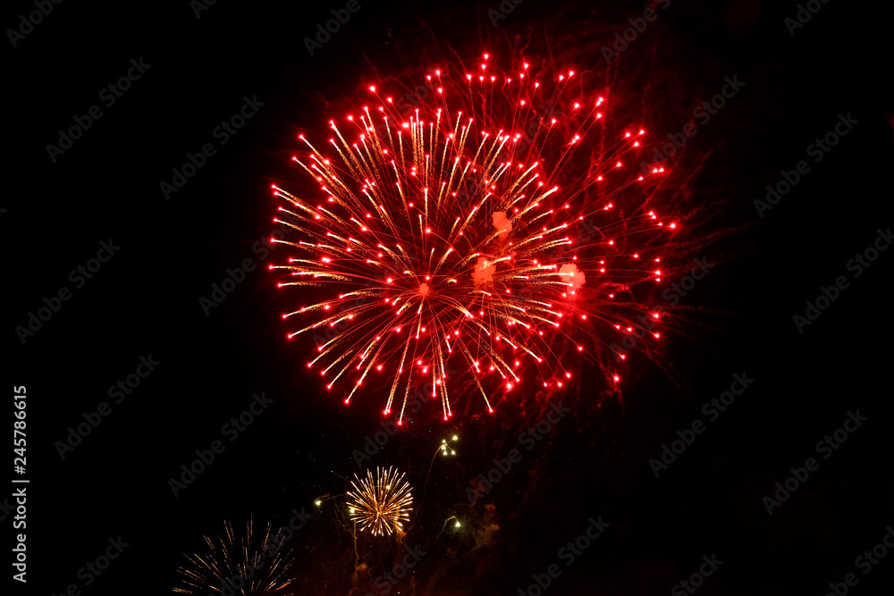 Fototapeta premium Amazing colorful fireworks on a night sky black background