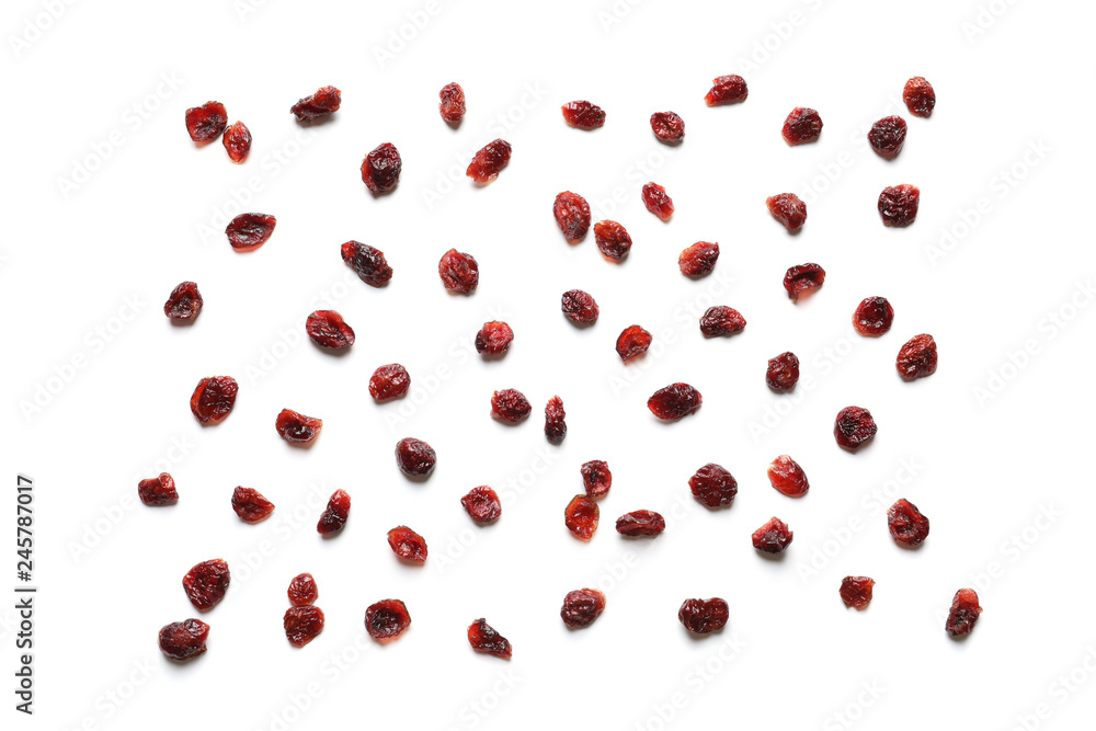 Flat lay composition of cranberries on white background. Dried fruit as healthy snack Flat lay composition of cranberries on white background. Dried fruit as healthy snack