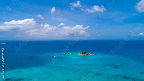 Aerial view of beautiful St. Pierre Island at Seychelles. Top view from drone
