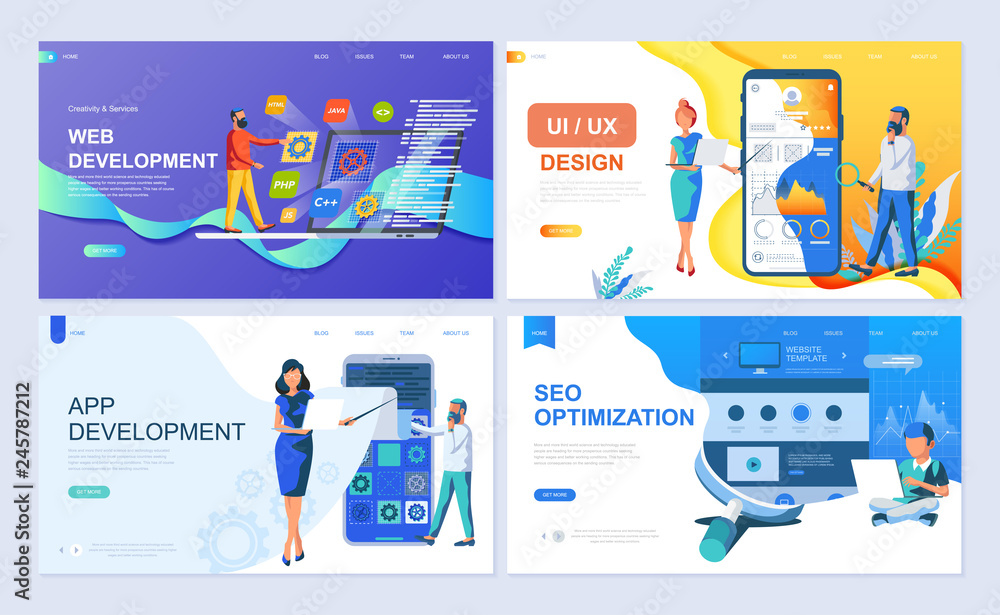 Set of landing page template for Web and App Development, UI/UX Design, SEO. Modern vector illustration flat concepts decorated people character for website and mobile website development.