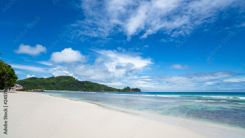 Beautiful beach. View of nice tropical beach with palms around. Holiday and vacation concept. Tropical beach.