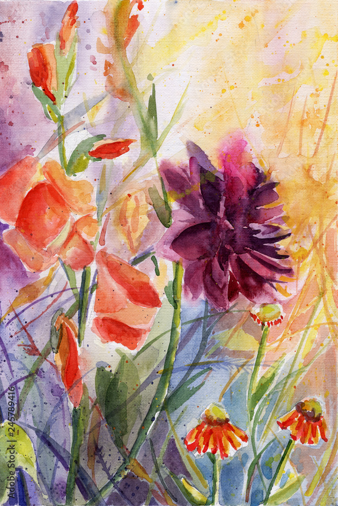 Flowers in the flowerbed. sunlight. leaves. watercolor. background.