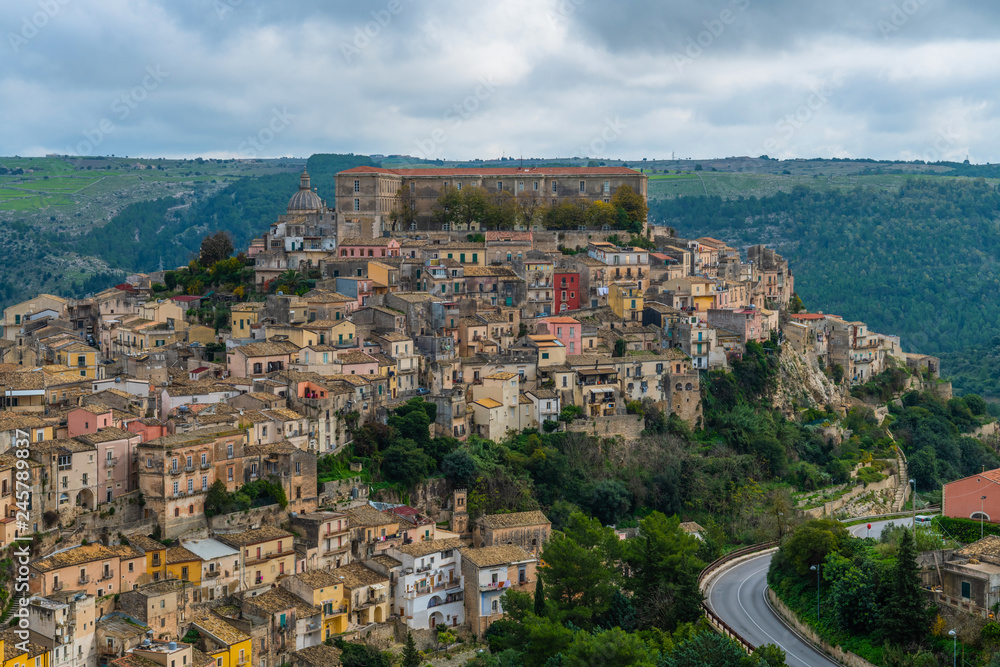 Aerial view of the ancient city on the hills Ragusa in Sicily, Italy