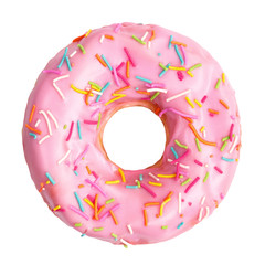 Pink donut decorated with colorful sprinkles isolated on white background. Flat lay. Top view