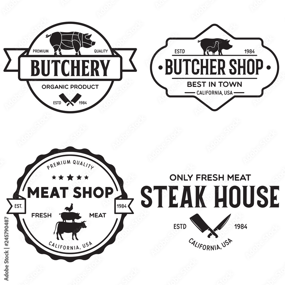 Fototapeta premium Set of Butcher Shop and Butchery hand written lettering logo, label, badge, emblem. Template for shop, cover, sticker, print, business works. Vintage retro style.