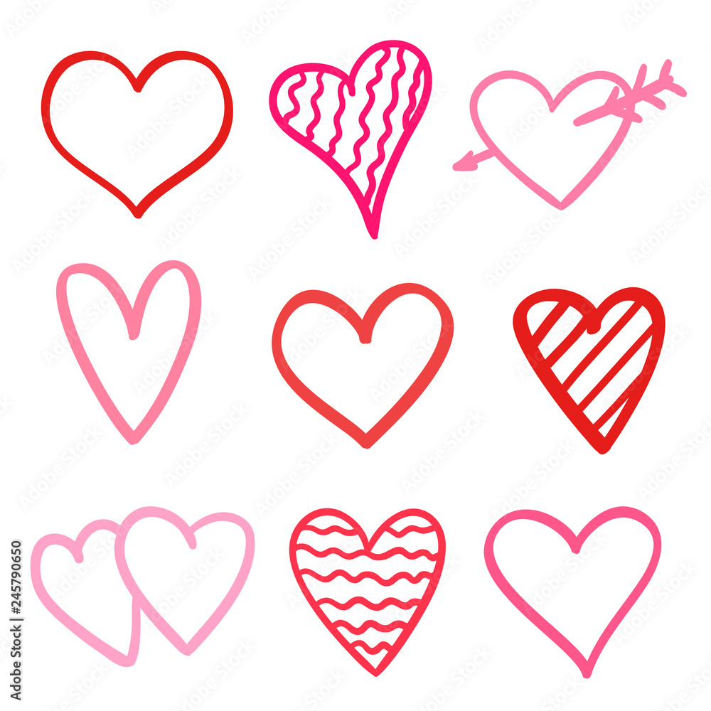 Multicolored trendy hearts on isolated white background. Hand drawn set of love signs. Unique abstract sketches for design. Line art creation. Colored illustration. Elements for poster or flyer