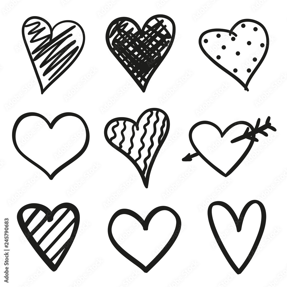 Hand drawn grunge hearts on isolated white background. Set of love signs. Unique image for design. Black and white illustration. Elements for design Hand drawn grunge hearts on isolated white background. Set of love signs. Unique image for design. Black and white illustration. Elements for design