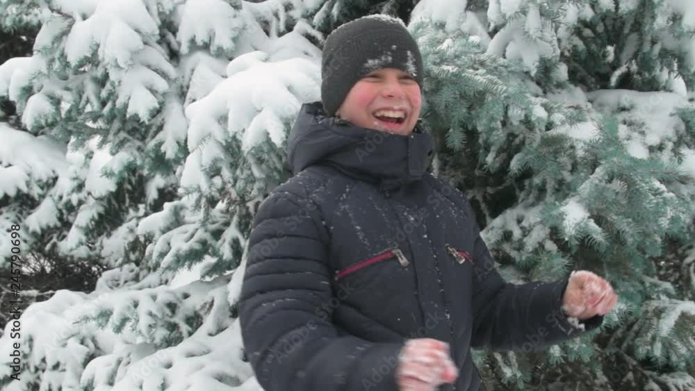 Happy child boy plays with snowy fir tree branches, winter forest, beautiful landscape
Happy child boy plays with snowy fir tree branches, winter forest, beautiful landscape
