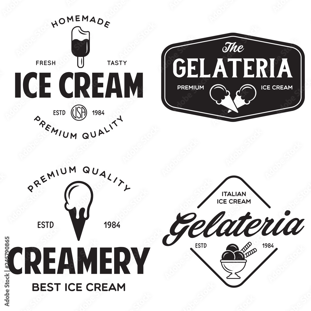 Set of vintage ice cream shop logo badges and labels, gelateria signs