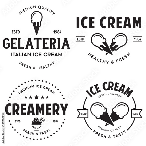 Set of vintage ice cream shop logo badges and labels, gelateria signs. Retro logotypes for cafeteria or bar.