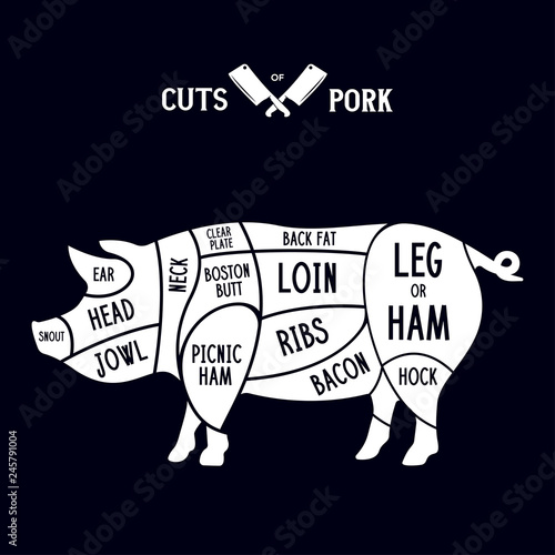 Meat cuts - pork. Diagrams for butcher shop. Scheme of pork. Animal silhouette pork. Guide for cutting.