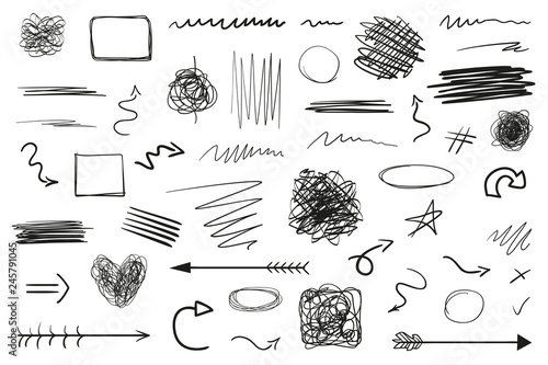 Infographic elements on isolation background. Hand drawn frames and arrows on white. Abstract frameworks. Line art. Set of different shapes. Black and white illustration. Doodles for artwork