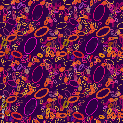 Seamless bright pattern from red, pink, purple, yellow and orange ovals on a dark violet background. Vector illustration. Suitable for fabric, wallpaper, wrapping paper