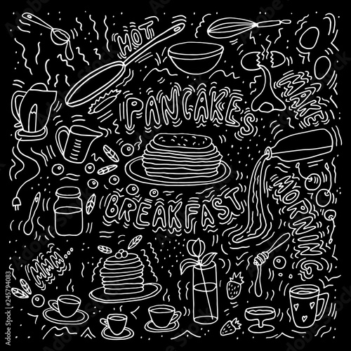 Vector illustration. Doodle sketch. Pancakes maker. Morning meal.