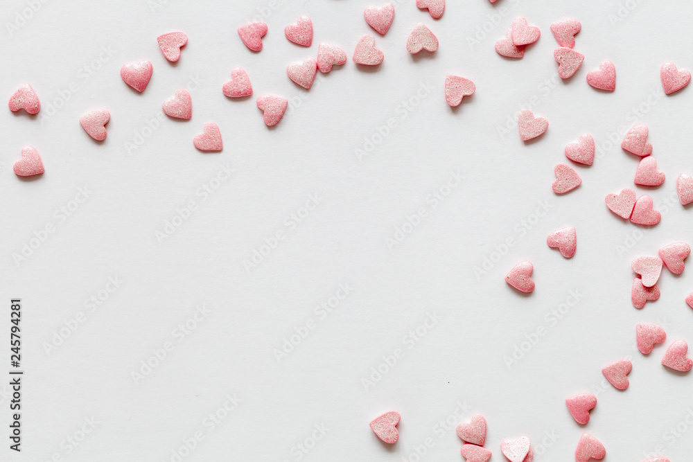 Valentine day background with pink hearts. Top view