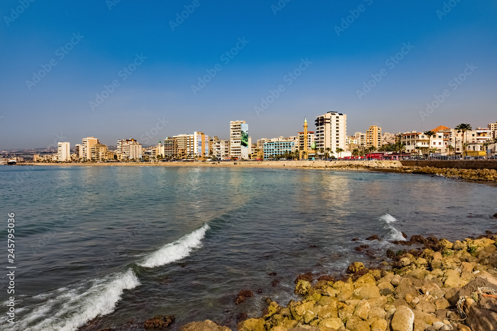 Sidon Saida skyline cityscape waterfront in South Lebanon Middle east