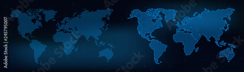 Abstract mash line and Pixel world. Wire Frame 3D mesh polygonal network line, dot and structure. World Map Infographic Banner With Copy Space. Eearth map set. World map collection 
