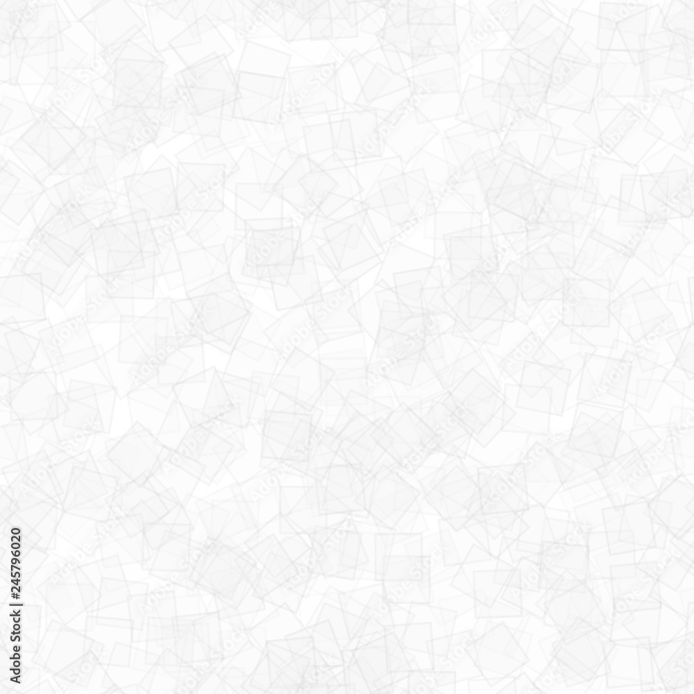 Abstract seamless pattern of randomly distributed translucent squares in white and gray colors