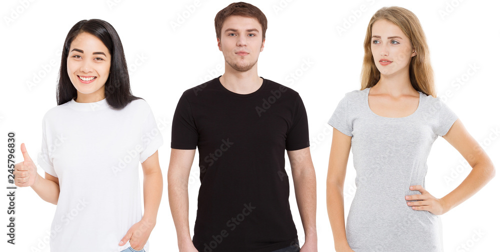 Women and man in blank template t shirt isolated on white background. Guy and girls in tshirt with copy space and mock up for advertising. Black and gray shirts. Front view Women and man in blank template t shirt isolated on white background. Guy and girls in tshirt with copy space and mock up for advertising. Black and gray shirts. Front view