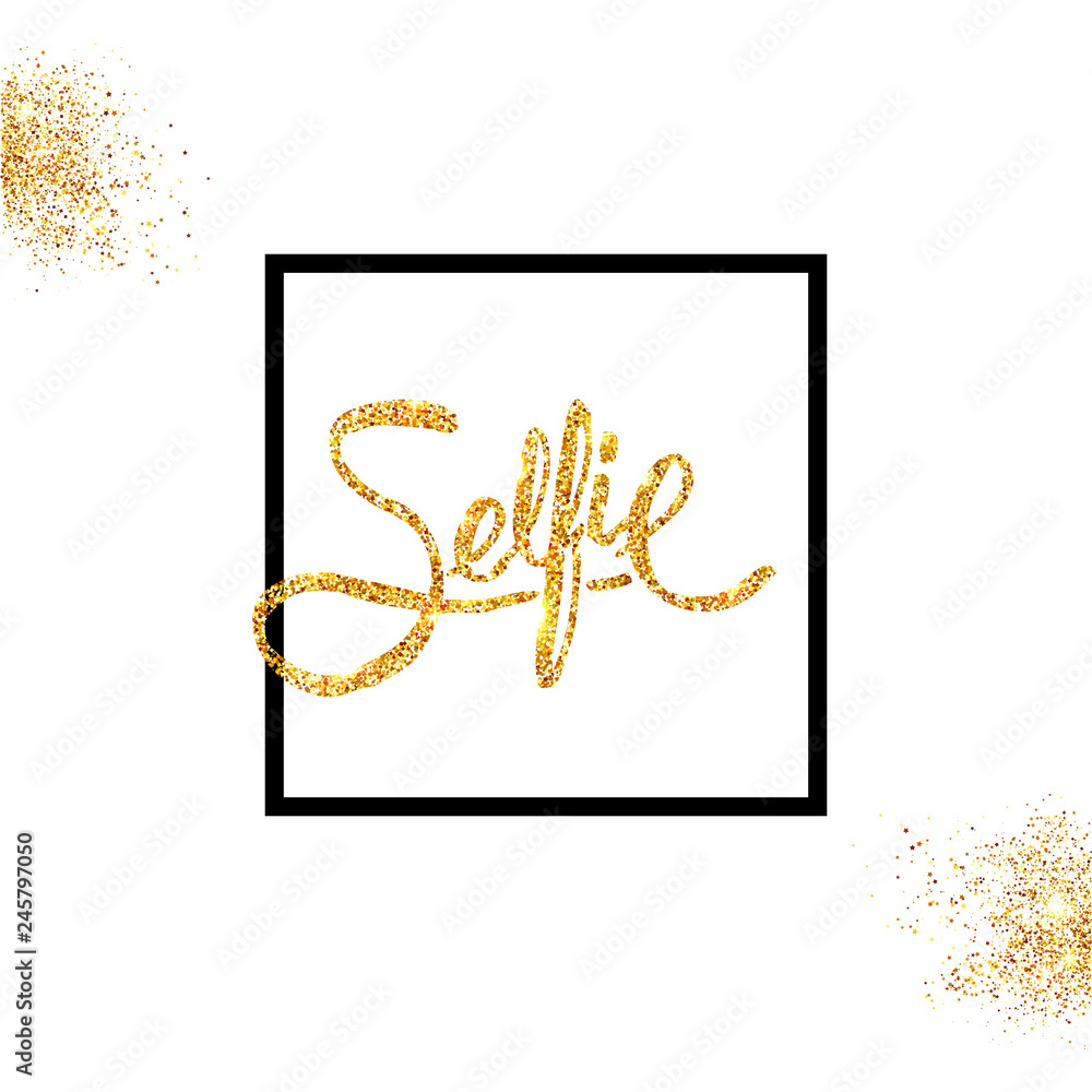 Obraz premium Golden glitter Selfie Concept on Off White Background.