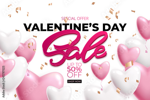 Valentines day sale poster with pink and white balloons. Fifty percent sale poster, advertising, booklet. Vector illustration with isolated design elements