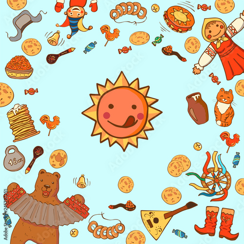 Shrovetide or Maslenitsa Template for design invitation, banner, poster or promo. Pancake week elements: pancakes, bear, balalaika; drum; Sun; scarecrow of winter, butter, balalaika, candy.