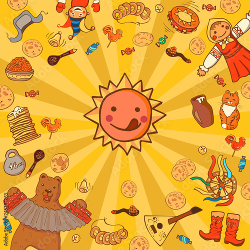 Shrovetide or Maslenitsa Template for design invitation, banner, poster or promo. Pancake week elements: pancakes, bear, balalaika; drum; Sun; scarecrow of winter, butter, balalaika, candy.