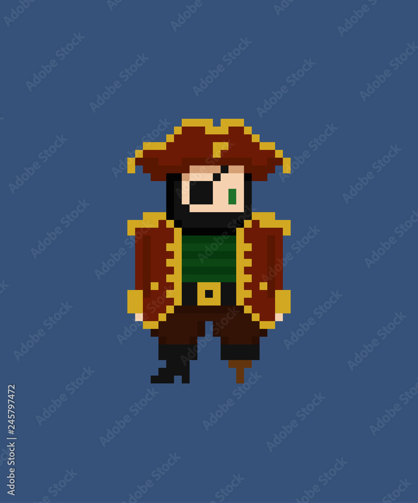 Pixel art vector illustration - 8 bit pirate captain with eye patch and leg crutch Pixel art vector illustration - 8 bit pirate captain with eye patch and leg crutch