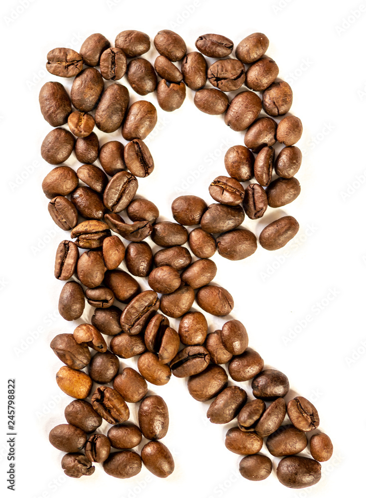 R letter made from coffee beans isolated on white background R letter made from coffee beans isolated on white background