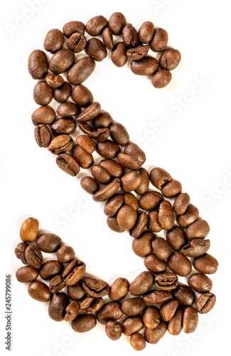 S letter made from coffee beans isolated on white background