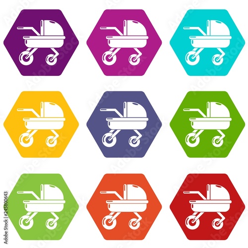 Baby carriage family icons 9 set coloful isolated on white for web