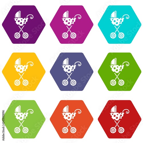Baby carriage elegant icons 9 set coloful isolated on white for web