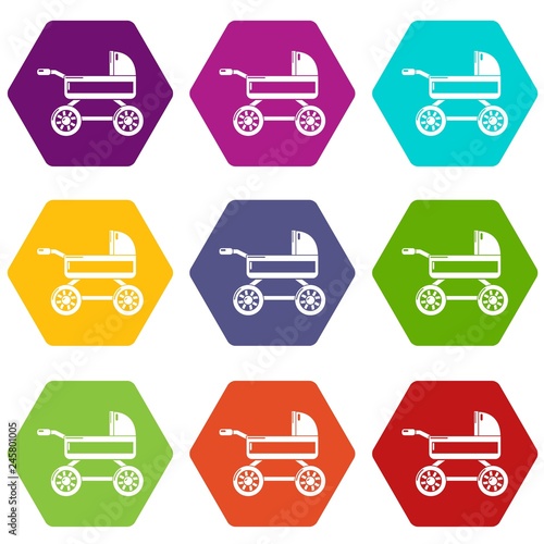 Baby carriage icons 9 set coloful isolated on white for web