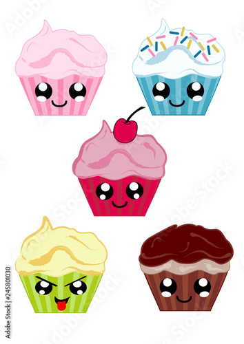 Sammlung mit Kawaii Cupcakes. Vektordatei Eps 10
