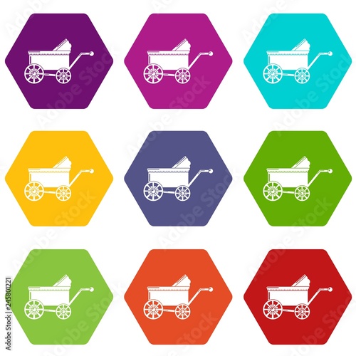 Baby carriage ancient icons 9 set coloful isolated on white for web