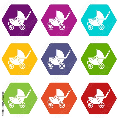 Baby carriage modern icons 9 set coloful isolated on white for web