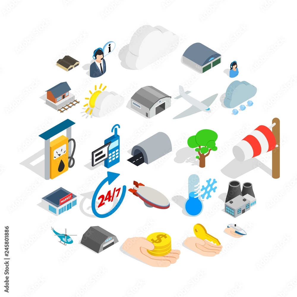 Air adventure icons set. Isometric set of 25 air adventure vector icons for web isolated on white background Air adventure icons set. Isometric set of 25 air adventure vector icons for web isolated on white background
