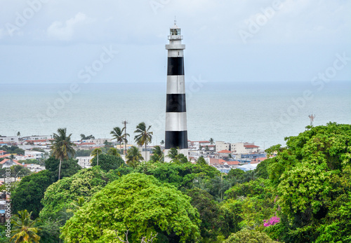 Aerial view of Olinda Lighthouse and Church of Our Lady of Grace, Catholic Church built in 1551, surounded by palms, Olinda, Pernambuco, Brazil