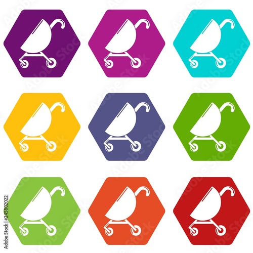 Baby carriage pink icons 9 set coloful isolated on white for web