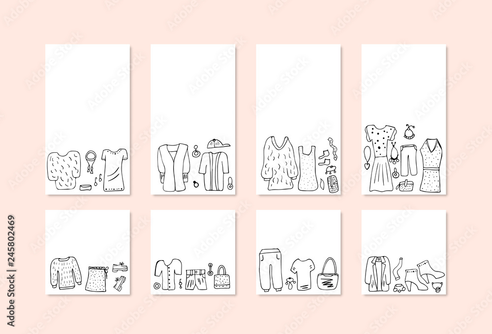 Woman clothes and accessories set in doodle style.