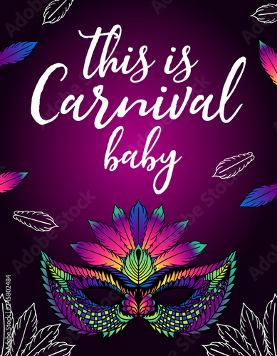 poster for a carnival with a bright female mask