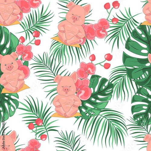 Exotic Floral Background with Piglet. Abstract wild seamless floral pattern with cute piglets in lotus position. Tropical vector seamless floral print with funny piglets. Vector illustration.