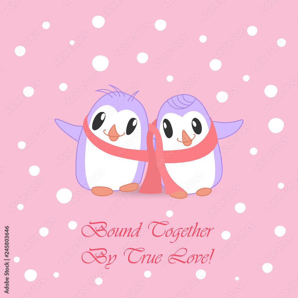 Couple of Cute Penguins Bound with Pink Scarf Couple of Cute Penguins Bound with Pink Scarf
